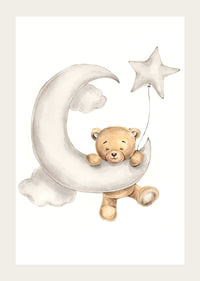 Illustrated teddy bear on crescent moon with star balloon in soft colors-3