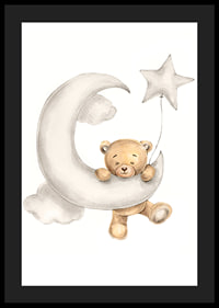Illustrated teddy bear on crescent moon with star balloon in soft colors-4