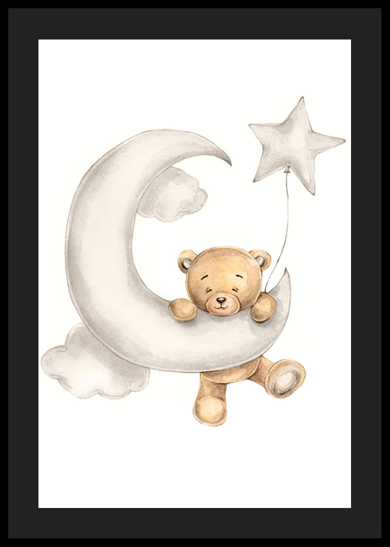 Illustrated teddy bear on crescent moon with star balloon in soft colors-12