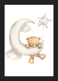 Illustrated teddy bear on crescent moon with star balloon in soft colors-5