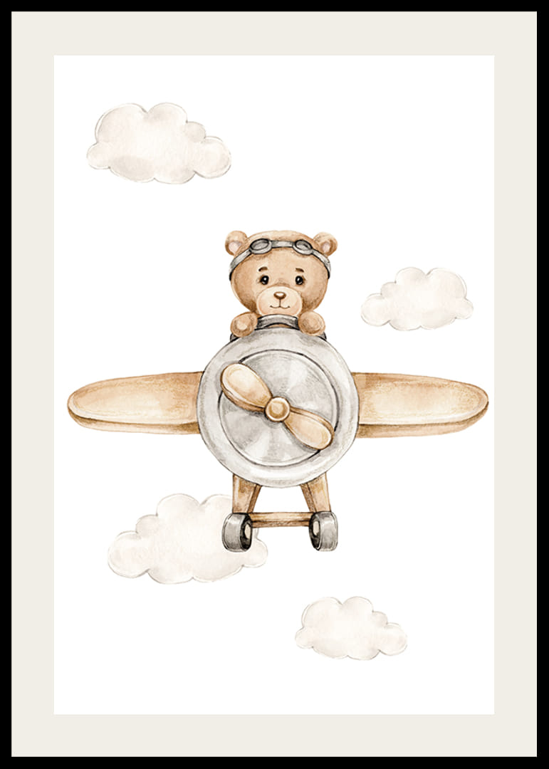 Ours en peluche illustré dans un avion marron parmi des nuages ​​lumineux-12