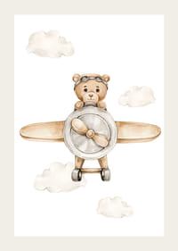 Ours en peluche illustré dans un avion marron parmi des nuages ​​lumineux-3