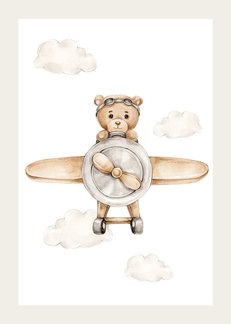 Ours en peluche illustré dans un avion marron parmi des nuages ​​lumineux-12