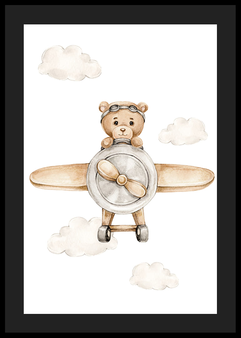 Ours en peluche illustré dans un avion marron parmi des nuages ​​lumineux-12