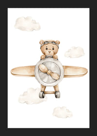 Ours en peluche illustré dans un avion marron parmi des nuages ​​lumineux-5