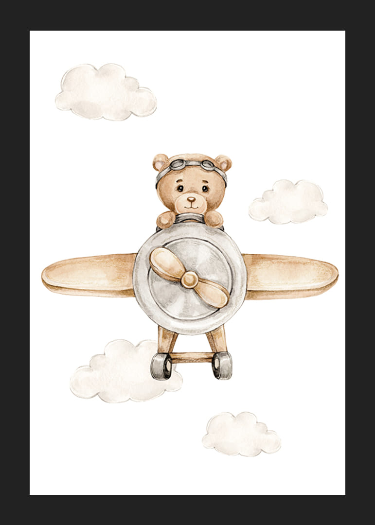 Ours en peluche illustré dans un avion marron parmi des nuages ​​lumineux-12