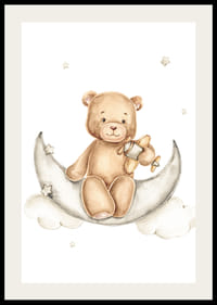 Illustrated teddy bear on moon with toy airplane and stars-2