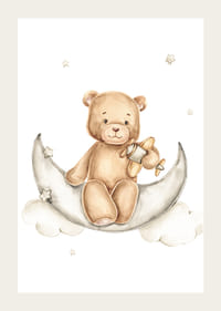 Illustrated teddy bear on moon with toy airplane and stars-3