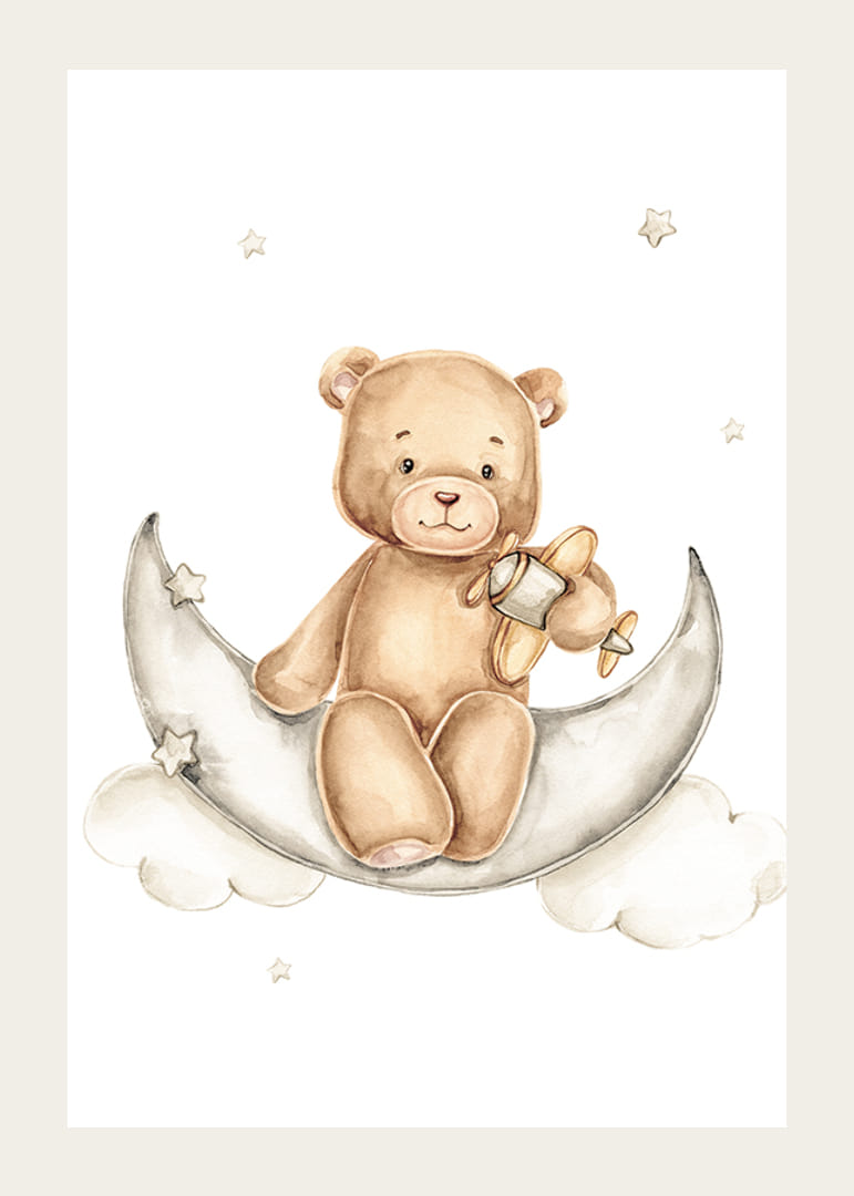 Illustrated teddy bear on moon with toy airplane and stars-12