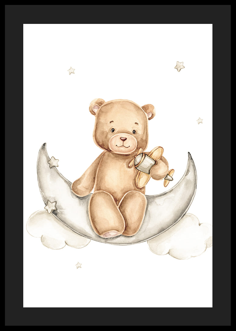 Illustrated teddy bear on moon with toy airplane and stars-12