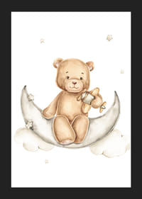 Illustrated teddy bear on moon with toy airplane and stars-5