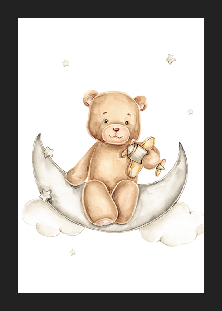 Illustrated teddy bear on moon with toy airplane and stars-12