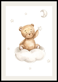 Illustrated teddy bear on cloud picking star, soft pastel colors-2