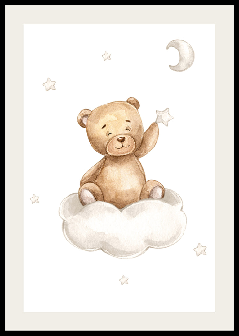 Illustrated teddy bear on cloud picking star, soft pastel colors-12