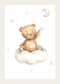 Illustrated teddy bear on cloud picking star, soft pastel colors-3