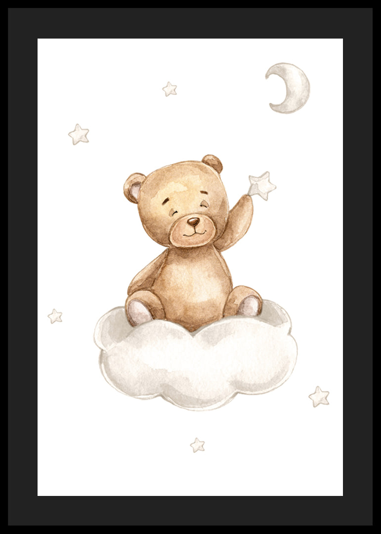 Illustrated teddy bear on cloud picking star, soft pastel colors-12
