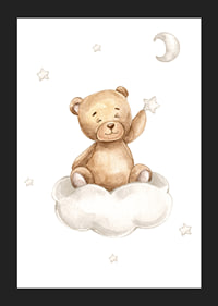 Illustrated teddy bear on cloud picking star, soft pastel colors-5