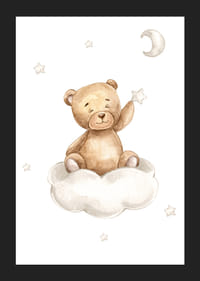 Iliustruotas meškiukas ant debesis renkančios žvaigždės, švelnios pastelinės spalvos-5