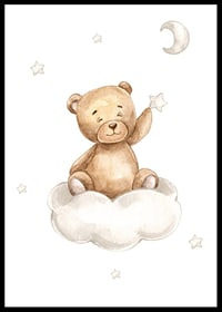 Illustrated teddy bear on cloud picking star, soft pastel colors-6