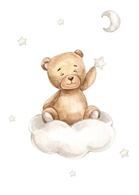 Illustrated teddy bear on cloud picking star, soft pastel colors-7