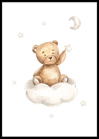 Illustrated teddy bear on cloud picking star, soft pastel colors-0