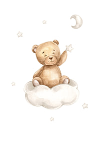 Illustrated teddy bear on cloud picking star, soft pastel colors-1