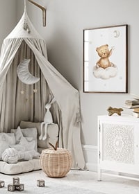Illustrated teddy bear on cloud picking star, soft pastel colors-8
