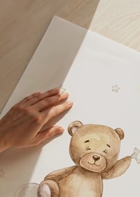 Illustrated teddy bear on cloud picking star, soft pastel colors-9