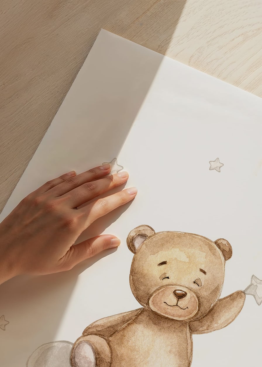 Illustrated teddy bear on cloud picking star, soft pastel colors-12