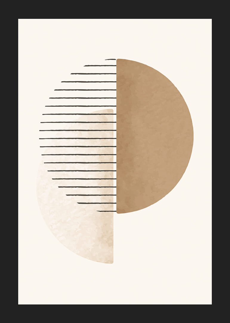 Abstrakcyjny kształt koła w kolorze beżowym i brązowym z czarnymi liniami-12