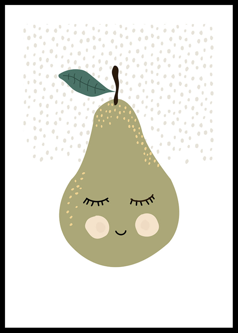 Illustrated green pear with face and calm expression-12