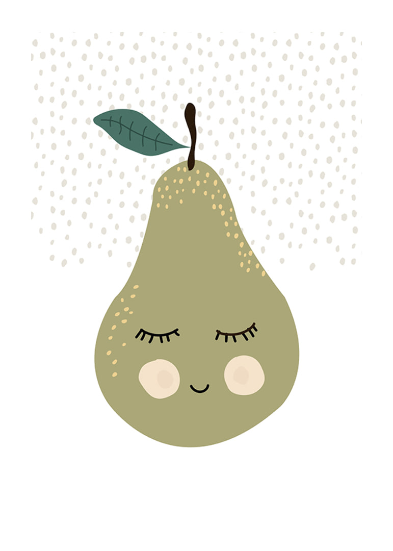 Illustrated green pear with face and calm expression-12