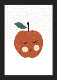 Manzana roja ilustrada con cara y hoja verde sobre fondo blanco.-5