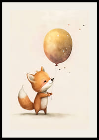 Illustrated fox cub with large brown balloon against light background-2