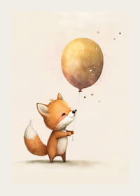 Illustrated fox cub with large brown balloon against light background-3
