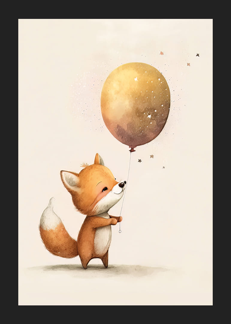 Illustrated fox cub with large brown balloon against light background-12