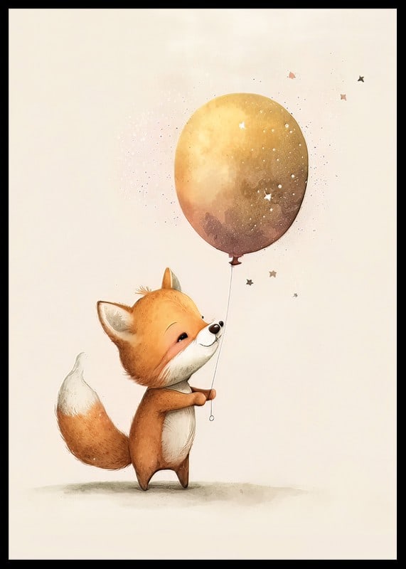 Illustriertes Fuchsjunges mit großem braunen Ballon vor hellem Hintergrund-12