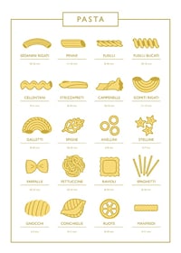 Graphic illustration of 20 pasta varieties with names and cooking times-1