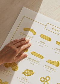 Graphic illustration of 20 pasta varieties with names and cooking times-3