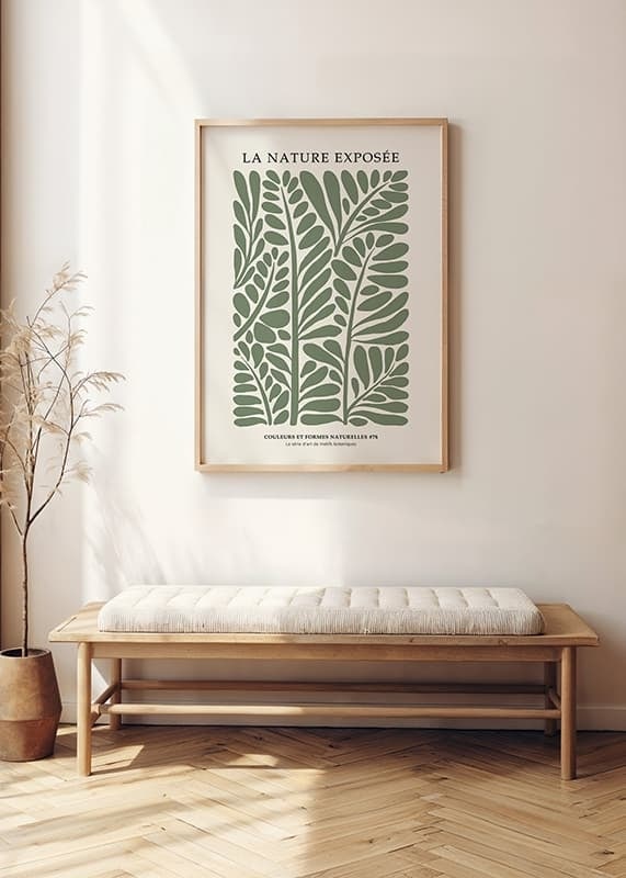 Abstract green leaf shapes in graphic style on beige background-12