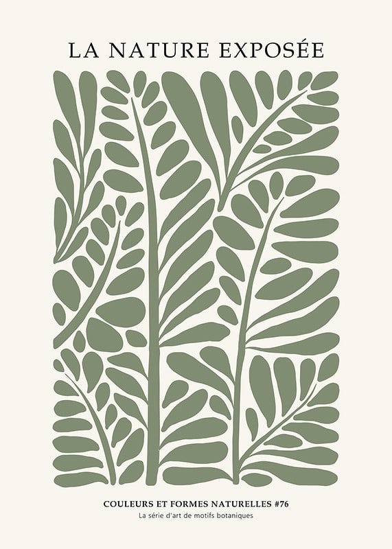 Abstract green leaf shapes in graphic style on beige background-12