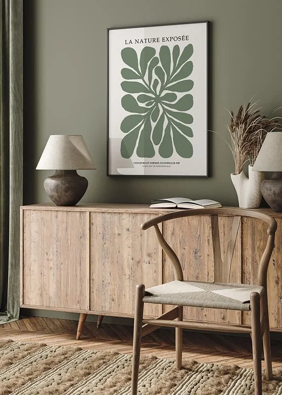 Grafisk illustration av gröna bladformer på beige bakgrund-12