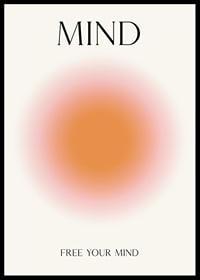 Abstrakt cirkelform i orange og pink med teksten MIND-0