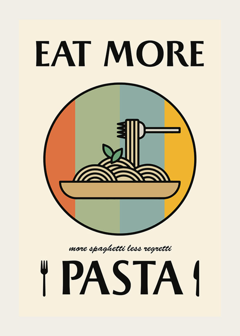 Prato de massa ilustrado com garfo contra fundo colorido retrô-12