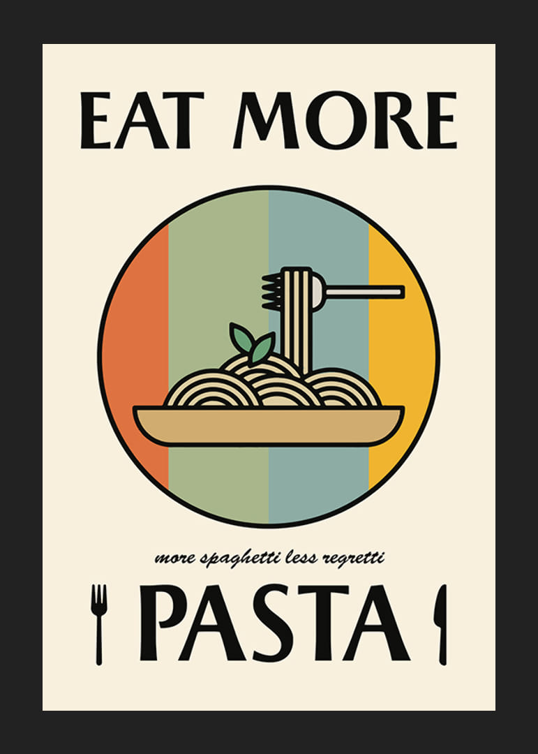 Prato de massa ilustrado com garfo contra fundo colorido retrô-12