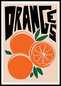 Graphic illustration of oranges with leaves and text in black-0