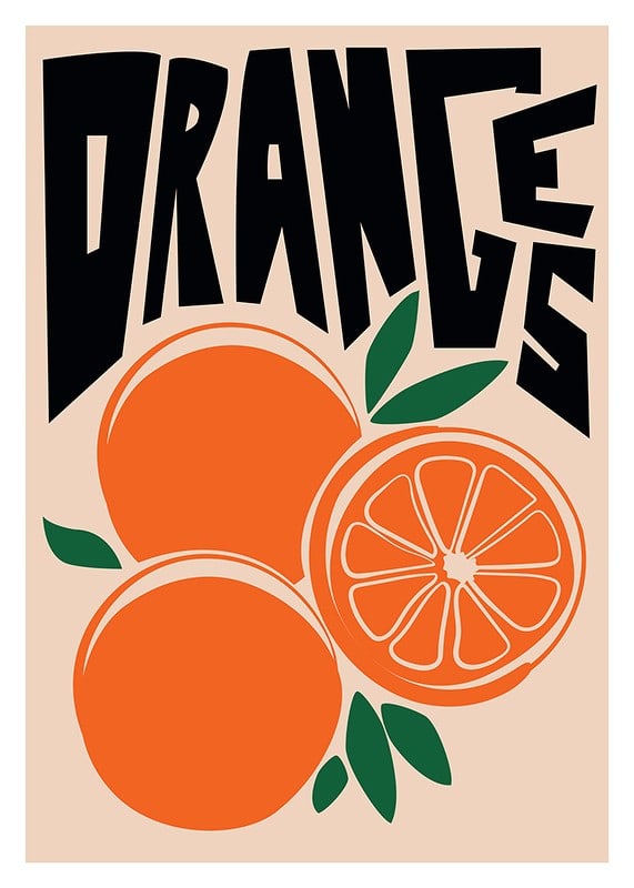 Graphic illustration of oranges with leaves and text in black-12