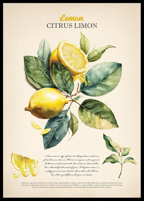 Akvarellillustration av citroner och gröna blad på ljus botten-12