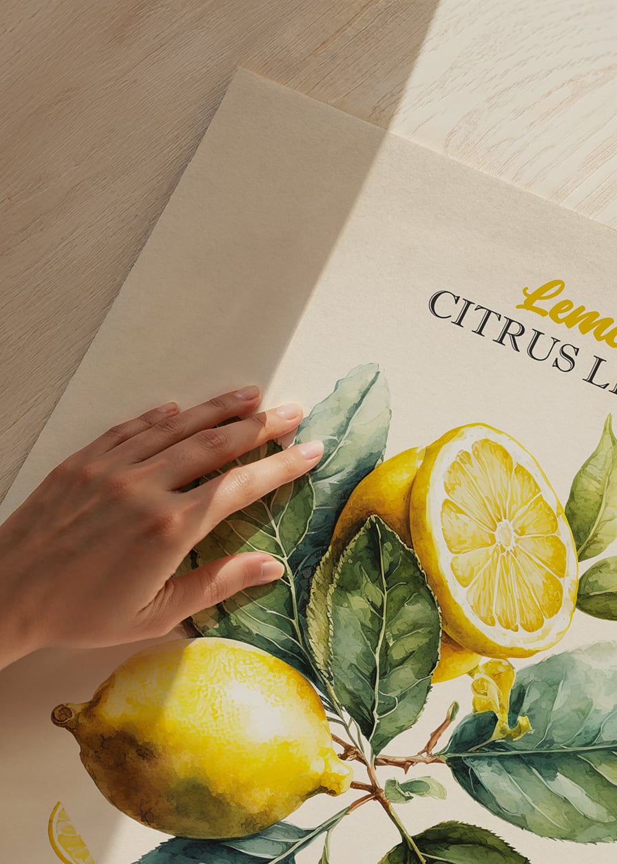 Akvarellillustration av citroner och gröna blad på ljus botten-12