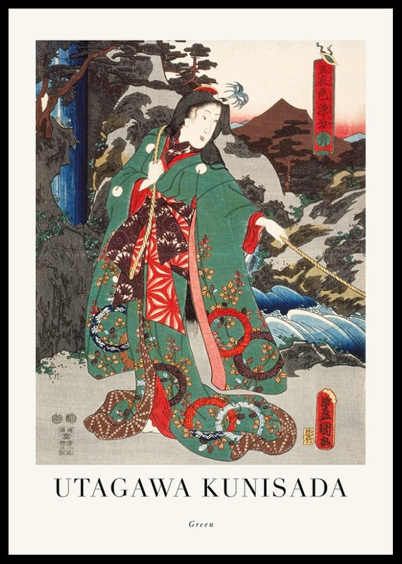 Japansk kvinne i grønn kimono ved en bekk, Utagawa Kunisada-12